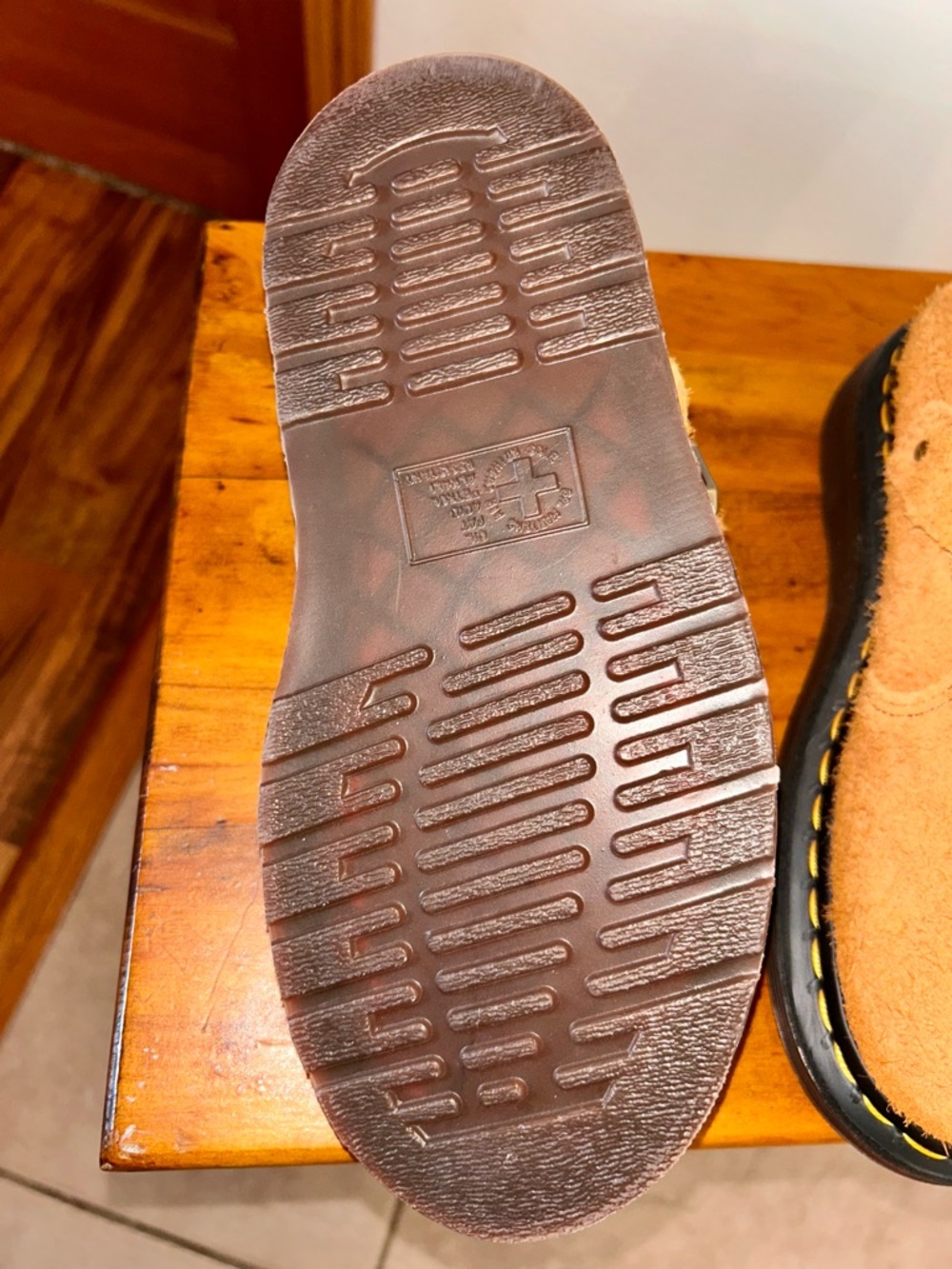 Dr. Martens Tan Suede Clog Mule with Yellow Welt Stitching - Picture 3 of 8